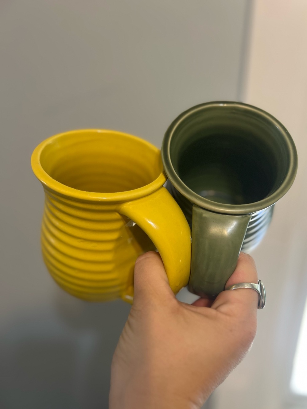 70’s Retro MCM Yellow and Olive Green Ribbed Ceramic Mugs set of 2